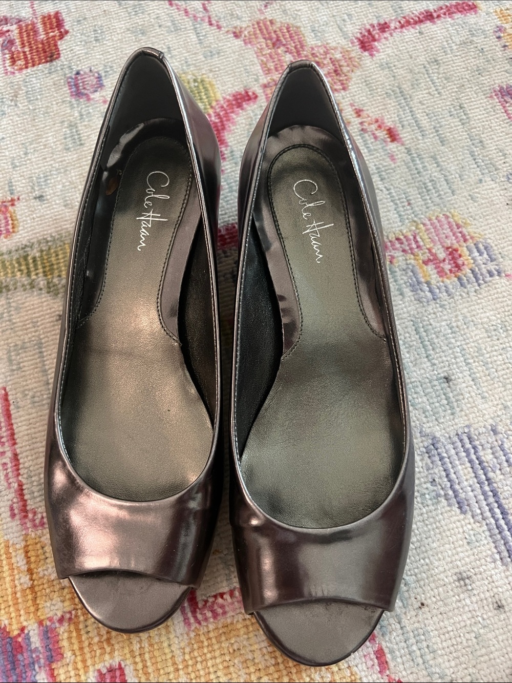 Cole Haan Metallic Pewter Peep-Toe Flats